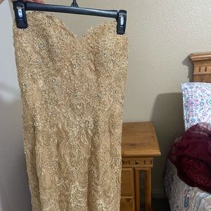 Gold lace strapless gown